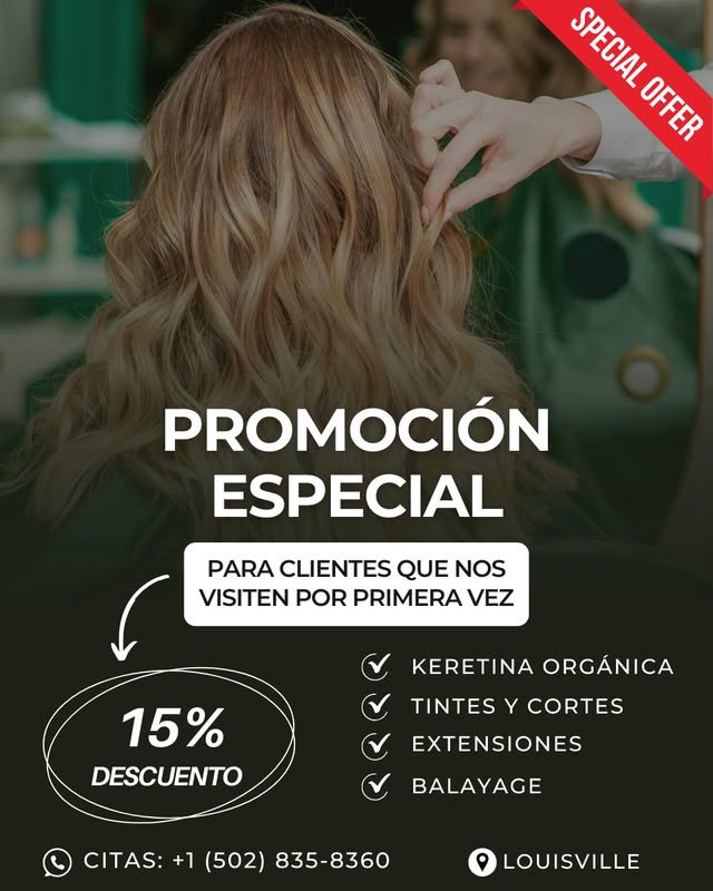 Anuncio de un salón de belleza con 15 % de descuento para clientes nuevos
