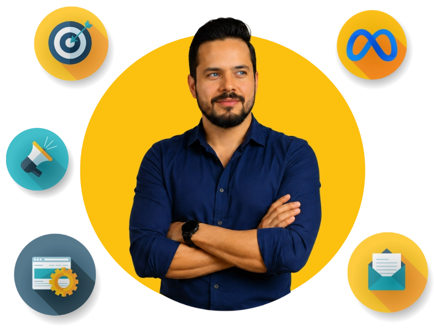 Especialista en Meta Ads rodeado de iconos de segmentación, publicidad, campañas y correo, junto al logotipo de Meta